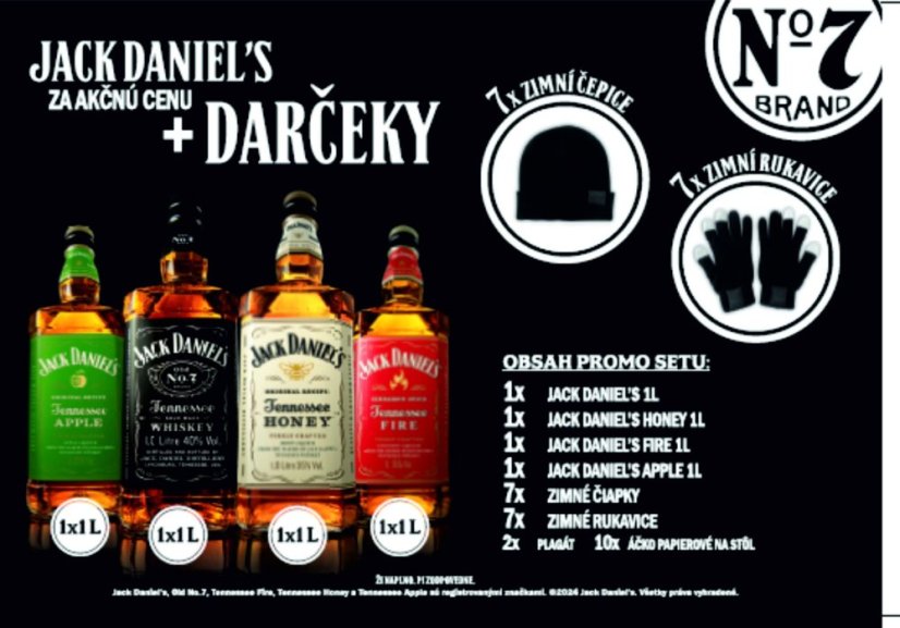 Balík Jack Daniels 1L (1xJD,1xHoney,1xFire,1xAPPLE+zimná čiapka+rukavice)